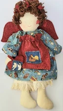  HANDMADE FOLK ART RAG CLOTH ANGEL DOLL, NOAH'S ARK PRINT, YARN HAIR, 26"