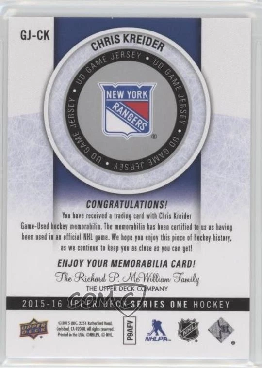 2015-16 Upper Deck UD Game Jersey Series 1 Chris Kreider #GJ-CK - Image 2 of 2