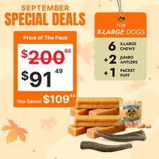 Natural long lasting himalayan chews pack for XL dogs, 6 chews +2 antlers +1puff