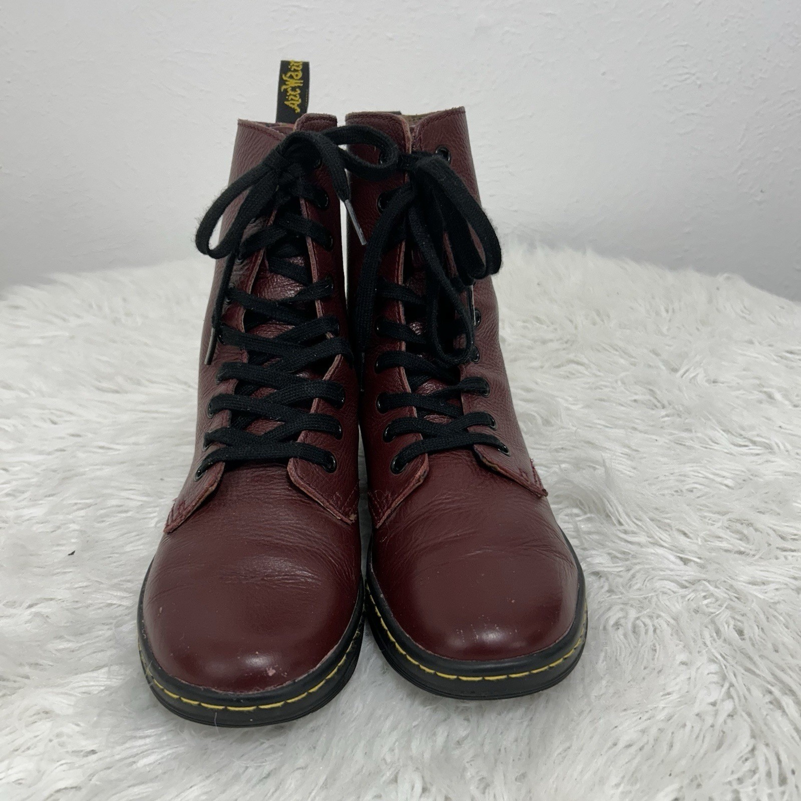 Dr Doc Martens Leyton Ankle Boots 7 Burgundy Leather Leyton Round Toe Combat thumbnail 2