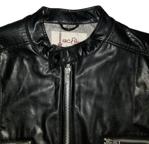 BC Ethic Faux Leather Jacket Vintage 90s Black Fire Flame Sleeves Mens LG image 4