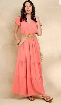 Together Coral Maxikleid Mit Gürtel V-Ausschnitt Kurzarm UK 14 Multi Polyester - Bild 1 von 3