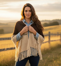 NEW Beige Brown Hand Knitted Shawl Scarf Wrap Boho Fringe Cottage Coastal Indie