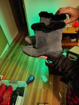 Gray Suede Mid-Calf Bootie with Fur Trim, Zip Closure, Round Toe,  waterproof