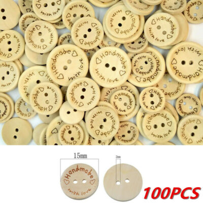 100pcs HAND MADE WITH LOVE Natur Holz KNOPF / Knöpfe 15-25mm HANDMADE DIY!