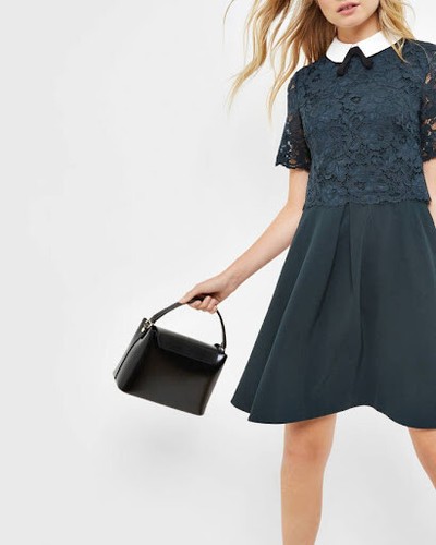 TED BAKER ✩ STUNNING DIXXY DARK GREEN LACE FIT & FLARE COLLAR DRESS ✩ TB 2 UK 10 - Picture 8 of 9