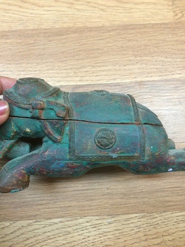 Primitive Wood Elephant with Brass & Hidden Trinket Keepsake Box Green/Blue - Picture 12 of 12