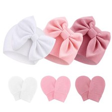 3 Pcs Newborn Baby Hats and Mittens Set Toddler Bow Beanie Infant Cotton Cap ...