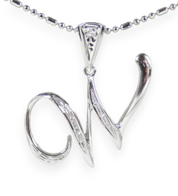 Solid 18ct White Gold & Diamond W Initial Letter Necklace Pendant Alphabet 750