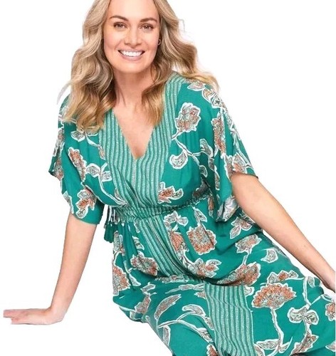 RIVERS 18 / 20 Boho Dress Floral A-Line Midi Dolman V Neck Green Cottagecore