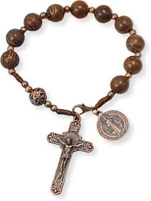 Wood Beads One Decade Pocket Rosery Car Mirror St Benedict & St Benedict Cross