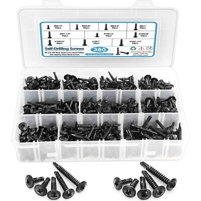 380 PCS Self Drilling Screws Assortment Kit, Black Oxide, Modified Truss Head Se