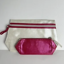 2 Piece Lancome Pearly White & Pink Cosmetic Makeup Bag Case Clutch NWOT
