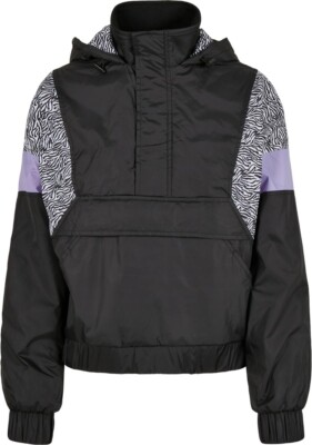 Urban Classics Damen Jacke Ladies AOP Mixed Pull Over Jacket Black/Zebra 