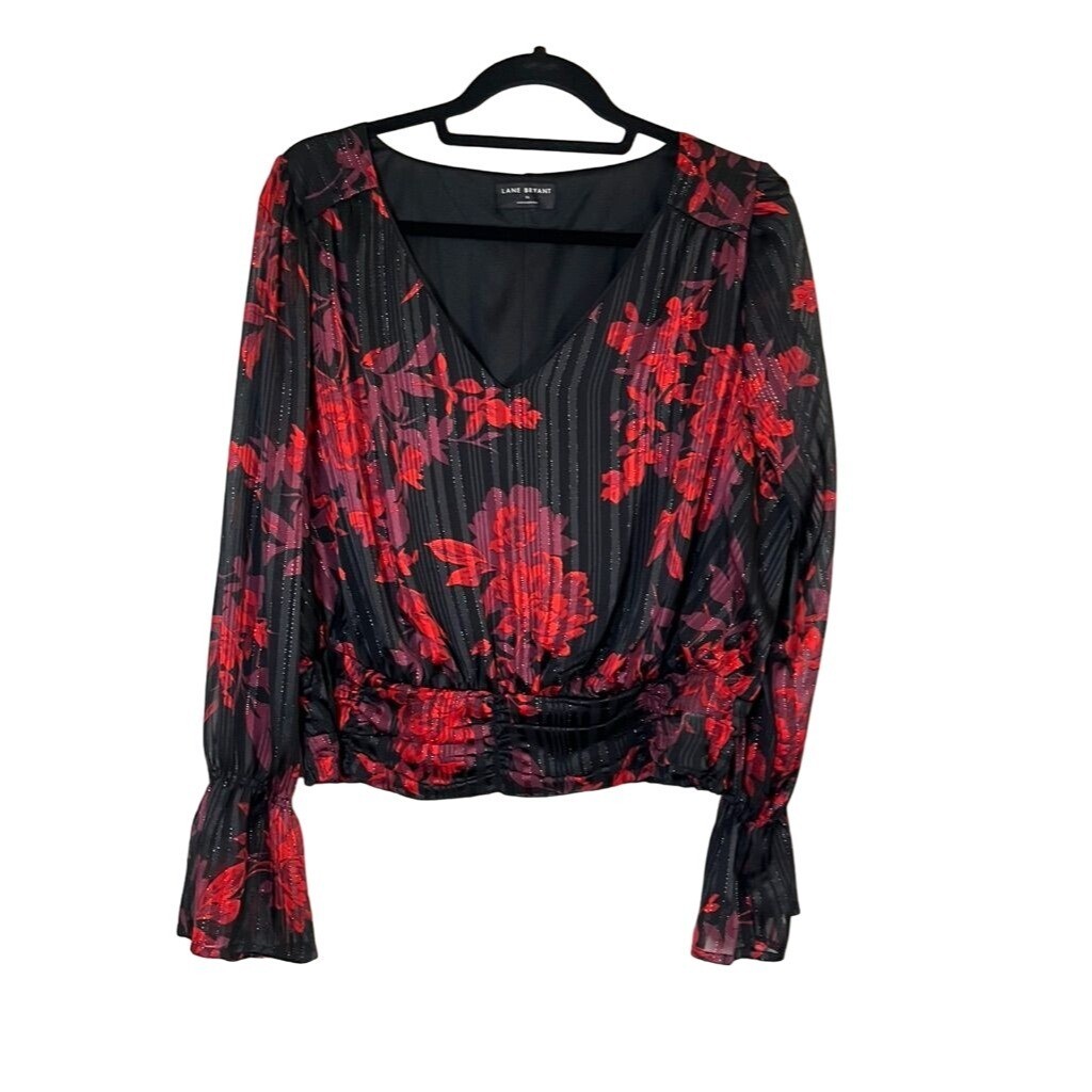 Lane Bryant Black Floral Smocked Boho Milkmaid Top for Women