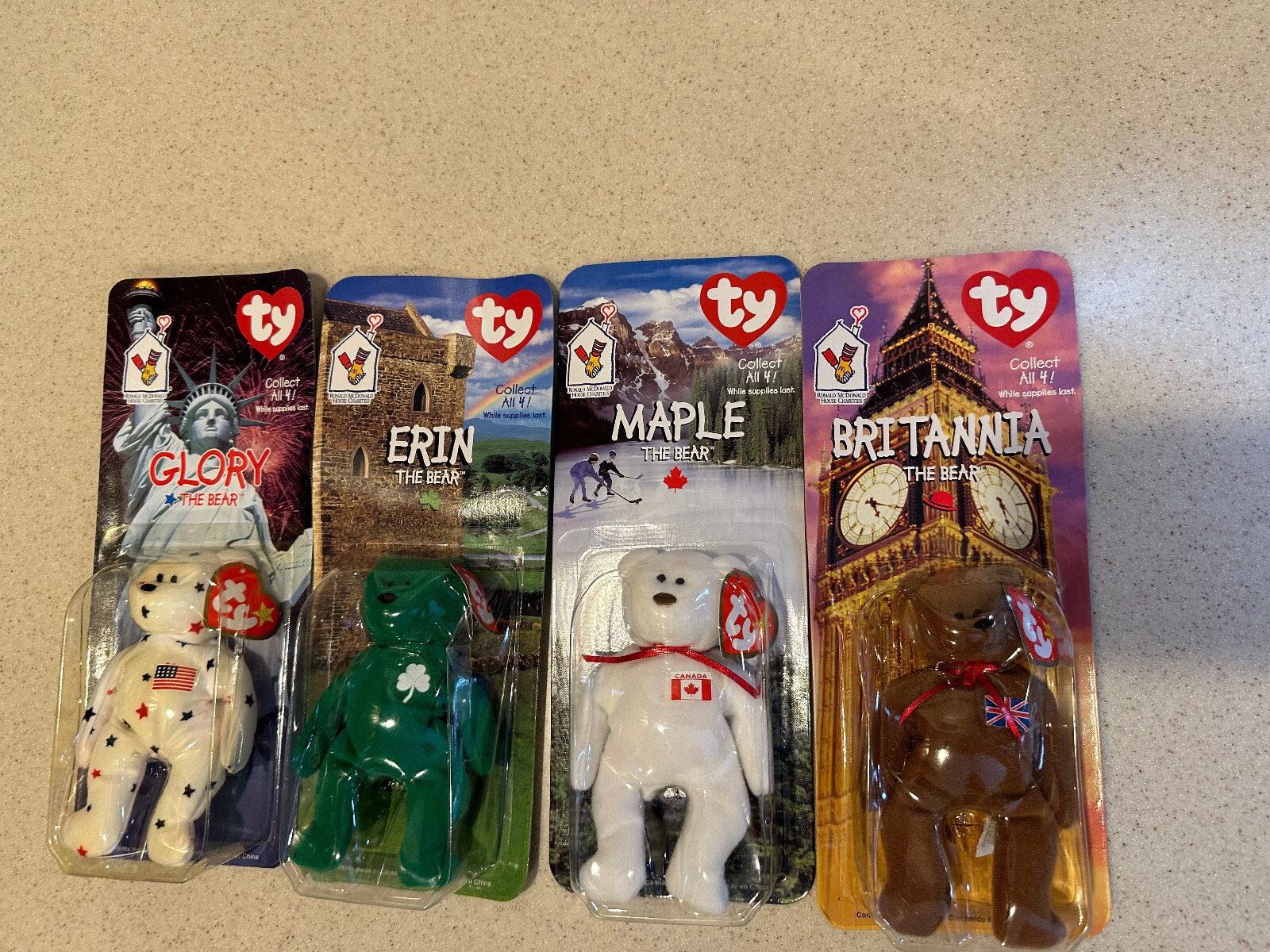 Ty Beanie Babies Britannia Glory Erin Maple The Bear McDonalds Set of 4 1999