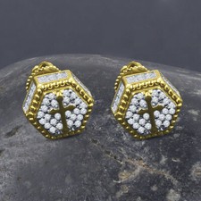 Unisex 14K Gold Over Real Silver Hexagon"ETHEREAL"Jesus Crucifix Cross Earrings