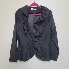 Rossi Roma Bolero Jacket Sz L Black Silk Blend Button Front Ruffle Lapel