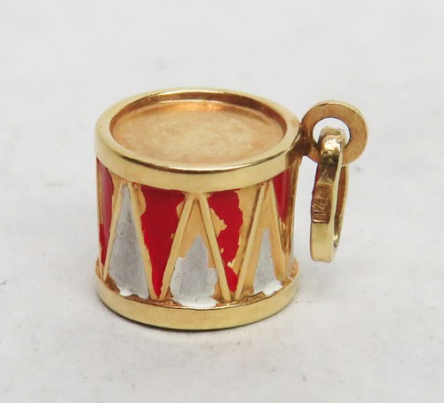 VINTAGE 14K GOLD RED & WHITE ENAMEL DRUM CHARM - Picture 3 of 6