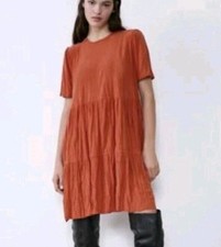 Zara Dress Burnt Orange Wrinkle Look Skater Terra Cotta Short Sleeve Tiered Sz S