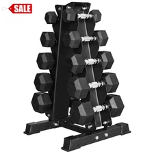 BalanceFrom 150LB Coated Hex Dumbbell Weight Set and A-Frame Storage Rack, 5-25