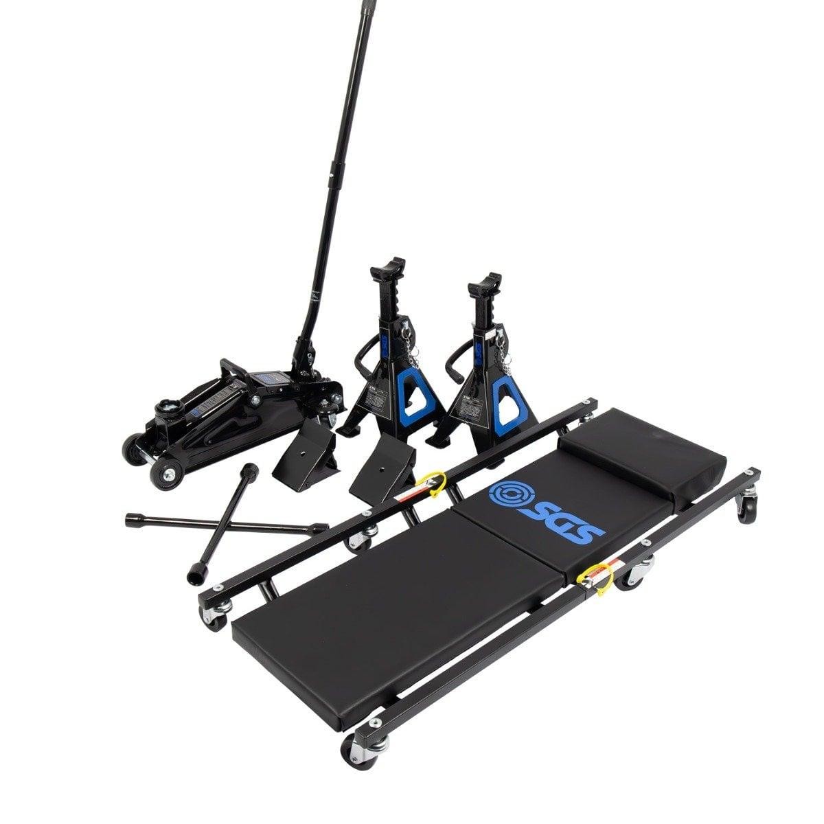 SGS Auto Garage Set 5pc Car Creeper, 2T Jack, 2x 2T Axle Stands, Chocks & Wrench