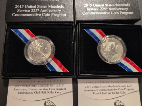 (2)2015 S D-US Marshalls 225th Anniversary PROOF+UNC Clad Half Dollar Coin COA