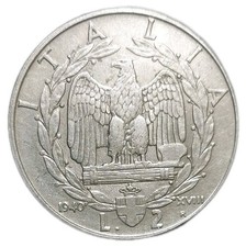 1940 Italy 2 Lire XF Stainless Steel Coin Vittorio Emanuele III WWII Era KM 78a