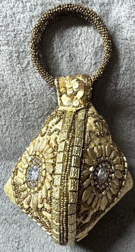 Rare! Folded Handmade India Gold Sequin Beads/Rhinestones/Wristlet/Purse/Bag - Picture 3 of 17