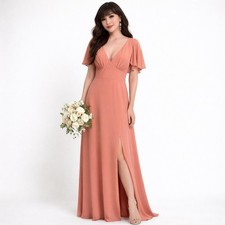 NWT Azazie Dress Maxi V-Neck Chiffon Mai Tai Coral Wedding Formal Bridesmaid