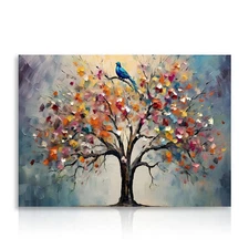 Colourful Tree of Life Wall Art Print, Vintage Flower Tree Painting Picture f
