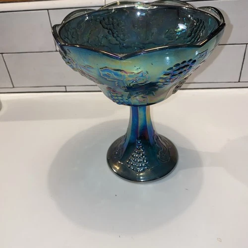 Vintage Indiana Glass Iridescent Blue Harvest Grapes 1960's carnival glass bowl