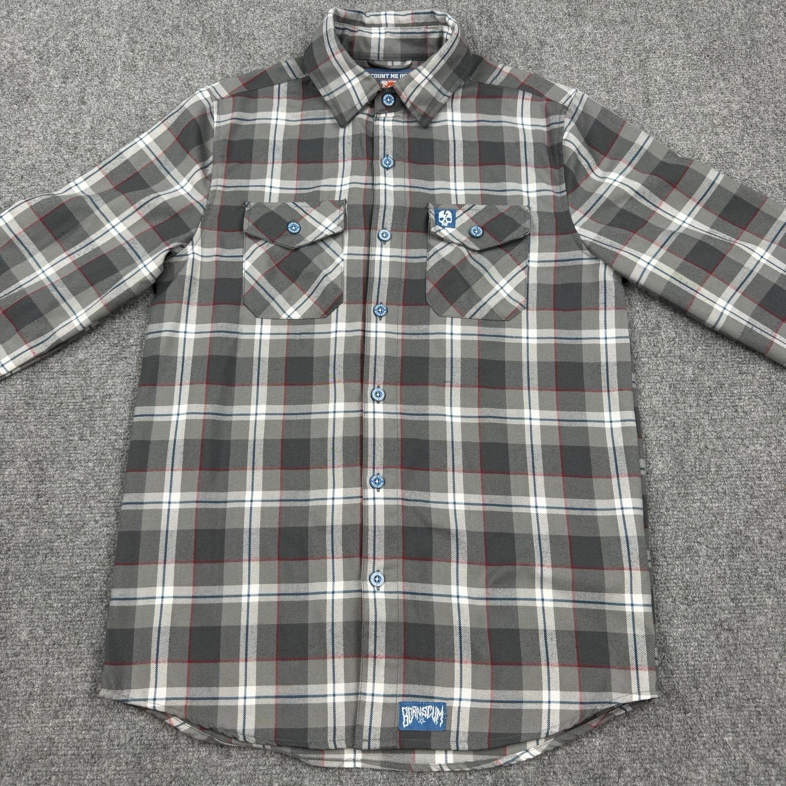 Born Scum Count Me Out Flannel Shirt Mens Small Gray Plaid Long Sleeve - product detail image 5