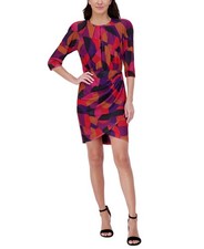 Vince Camuto Women's Printed Pleat-Neck Faux-Wrap Dress Red Size 16 MSRP $138