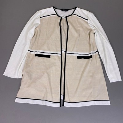 Ming Wang Cardigan Jacket Womens XL Beige White Black Colorblock Open Front Knit
