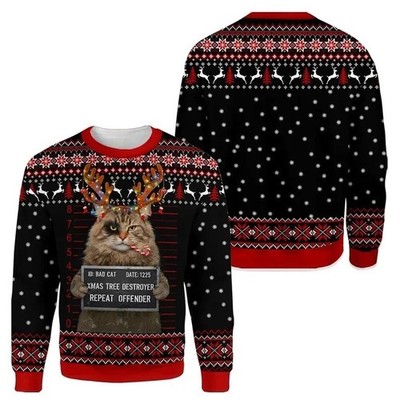 Bad Cat Christmas Ugly Sweater Funny Xmas Tree Destroyer Sweatshirt Unisex