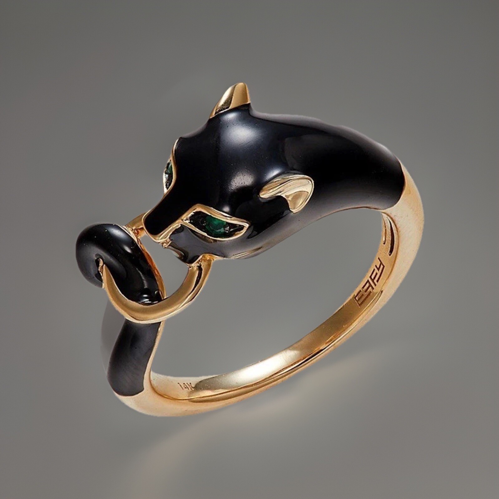 14K Yellow Gold Emerald Black Enamel Panther Ring Size 7.25 5.9g