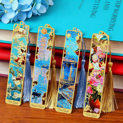 Metal Bookmarks with Tassel, Golden Van Gogh Monet Oil Painting Theme Cute Hollo