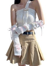 Women's Long Fingerless Gloves Bow Knitted Arm Warmers Y2K Cute One-Size White