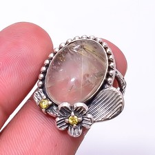 Golden Rutilated Quartz, Citrine Oxidised Flower 925 Sterling Silver Ring s.8 R8