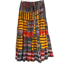 Chessa Davis Vtg Tiered Maxi Skirt Patchwork Boho Multi Color Geometric Print