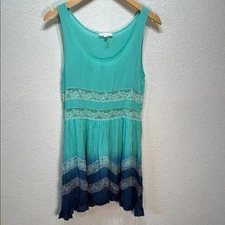 Entro Women's Small Teal Blue Sleeveless A-Line Lace Trim Round Neck Tunic Top