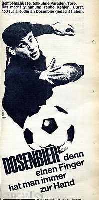 Dosenbier-einen Finger hat man immer zur Hand-Torwart-Weißblech-Werbung von 1967