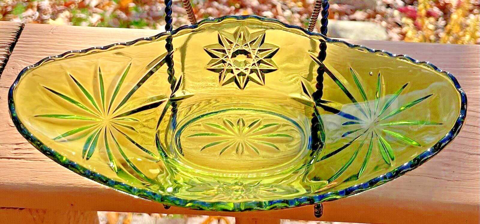 Vintage Anchor Hocking Star of David Early American Prescut Green Banana Boat Dish