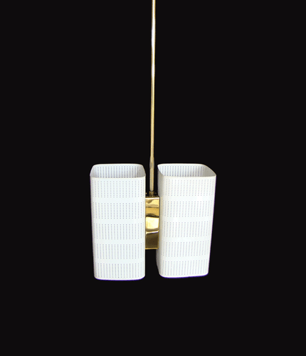 Jacques Biny Double Perforated Metal Cube Ceiling Lamp Pendant France 1950´s - Picture 2 of 11