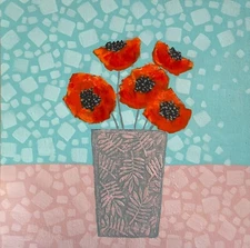 Original square painting on canvas, Red poppies, Blossom flower art, 12x12''