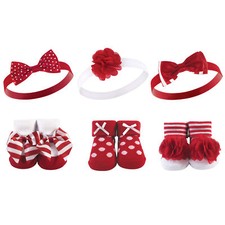 Hudson Baby Headband and Socks Giftset 6pc, Red White Stripe, One Size