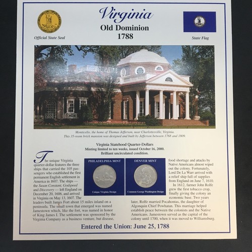 2000 Virginia State Quarters - Postal Commemorative Society with (3) Stamps