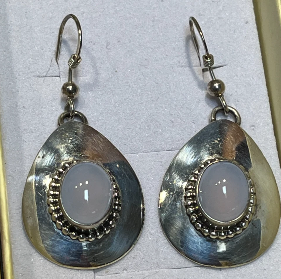 Pendientes Navajo Carol Wylie Piedra Luna Ovalados Vintage Plata de Ley 925 1/2"L Foto 2 de 4
