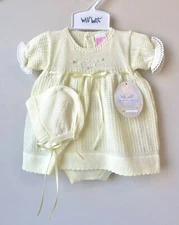 NWT Will'beth Yellow 3pc Ribbon Knit Dress Newborn Size 0 Baby Girls Bonnet